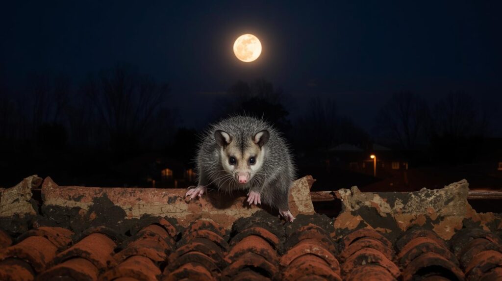 possum walking along roof in night