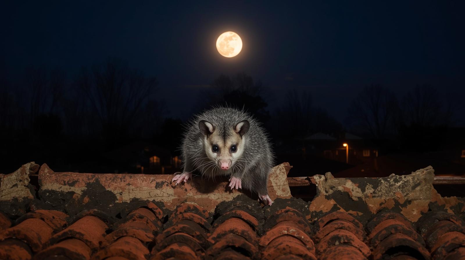possum walking along roof in night